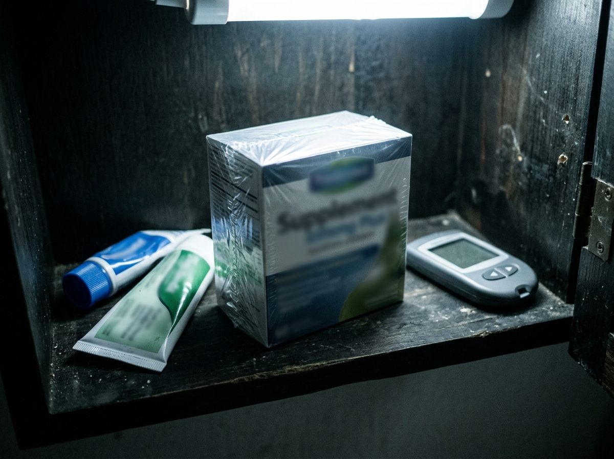 A cabinet shelf with cream tubes and a sealed, unopened supplement box