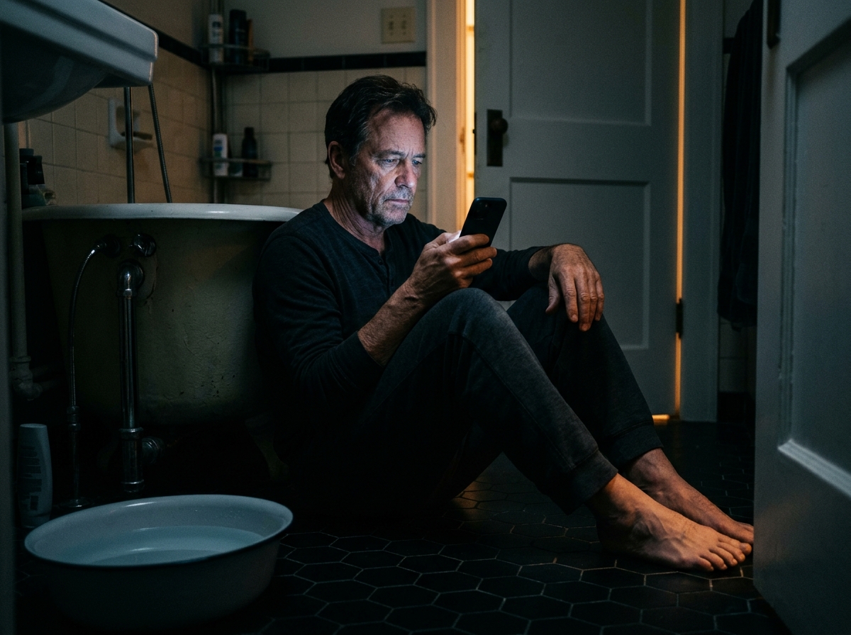 A man on the cold bathroom floor at 3am, a phone glowing on his face, a basin beside him