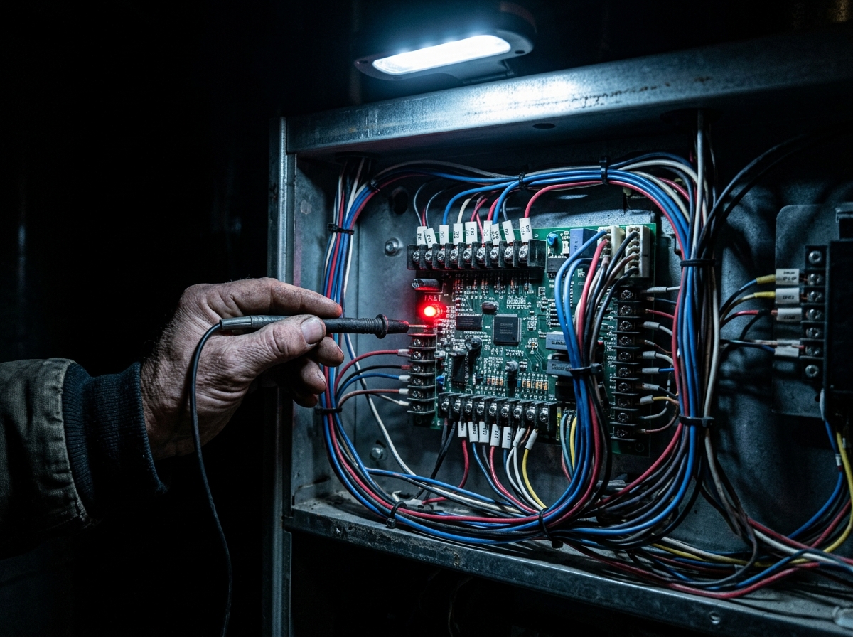 An open furnace control panel with a single red fault light, healthy wiring around it