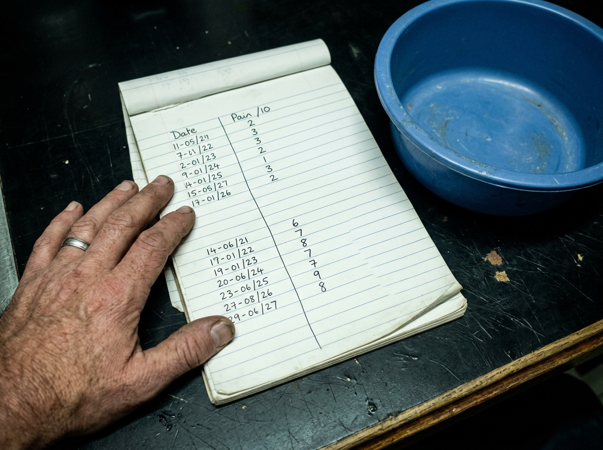 A hand-kept log on a notepad: low numbers, a blank gap, then numbers climbing back