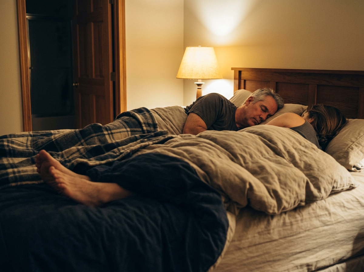 A man asleep in his own bed beside his wife, feet under the blanket, dark bathroom door behind