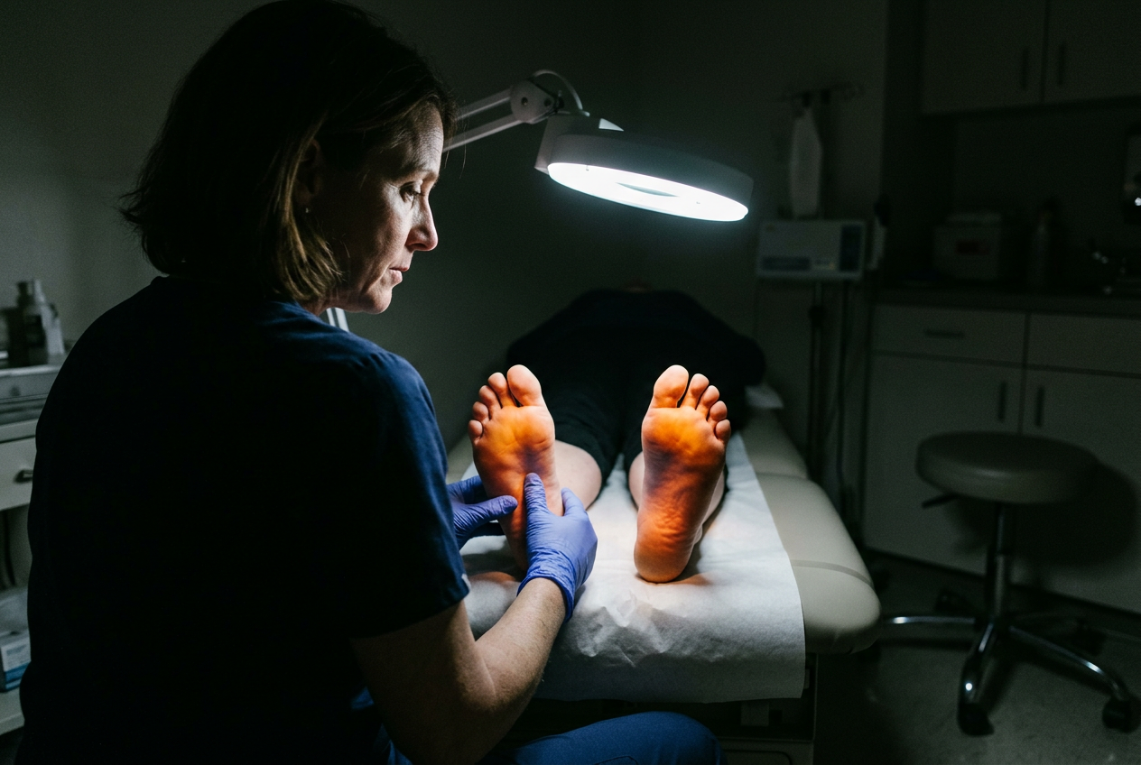 A podiatrist examining a patient's bare feet under an exam lamp at night