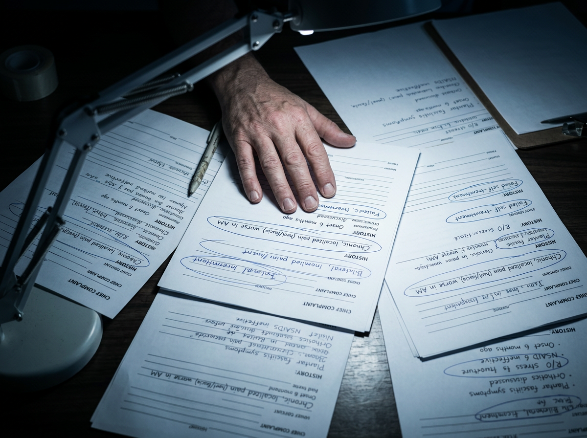 A spread of patient intake notes on a clinic desk, the same phrases circled