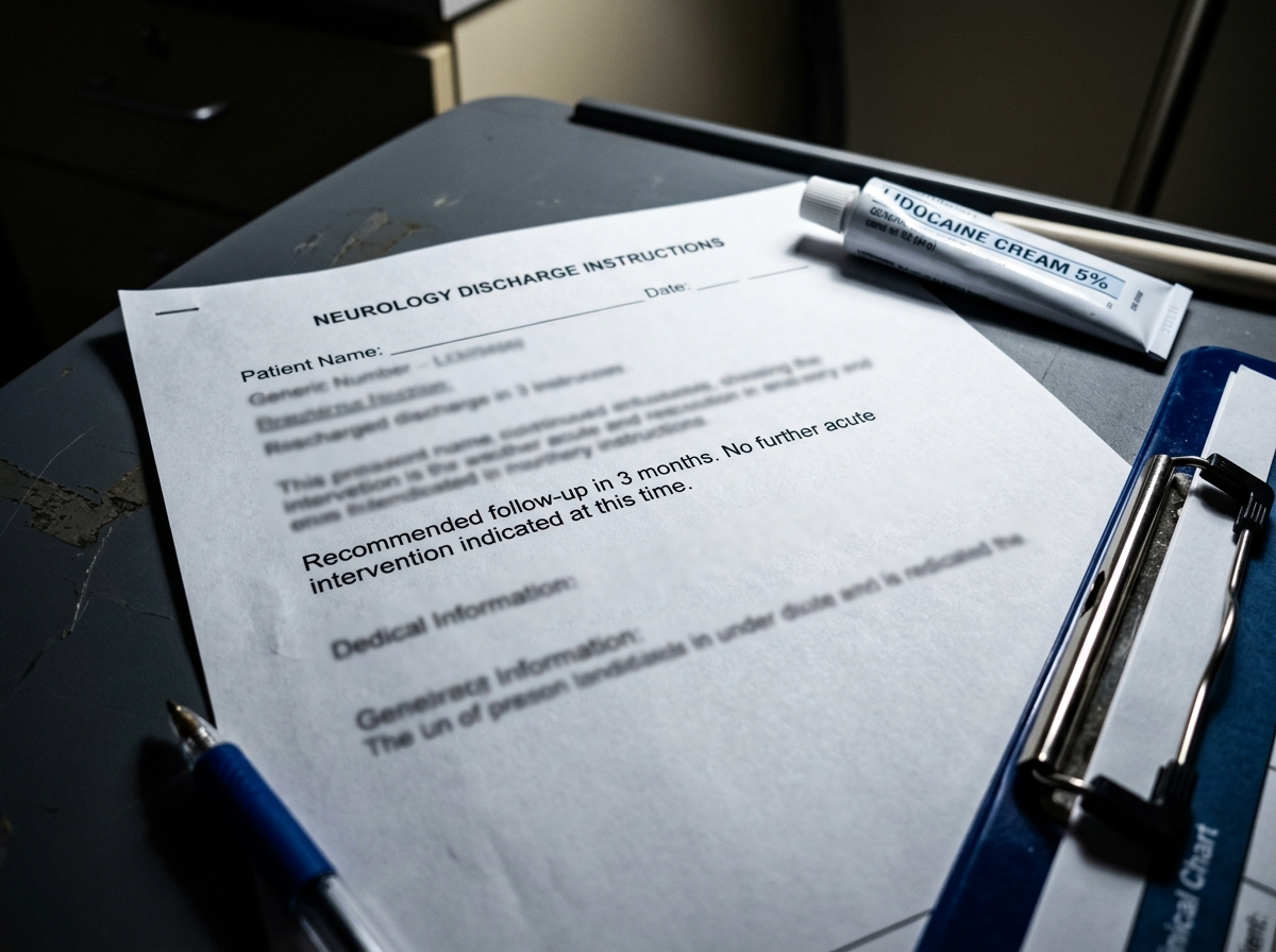 A printed neurology discharge note on a clinic desk beside a generic cream tube