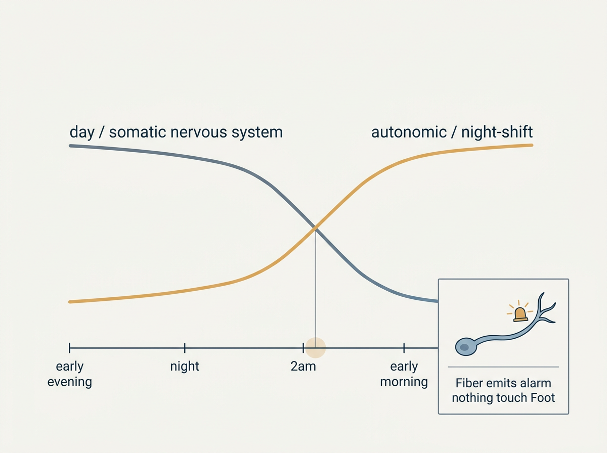 A clinical diagram: the day system winding down and the night-shift system winding up around 2am