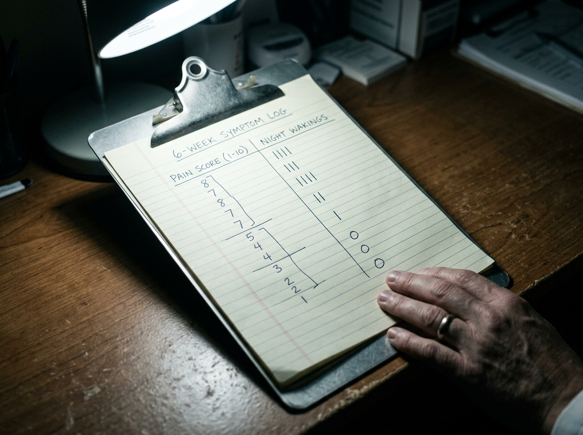 A six-week symptom log on a clinic clipboard, pain scores stepping down