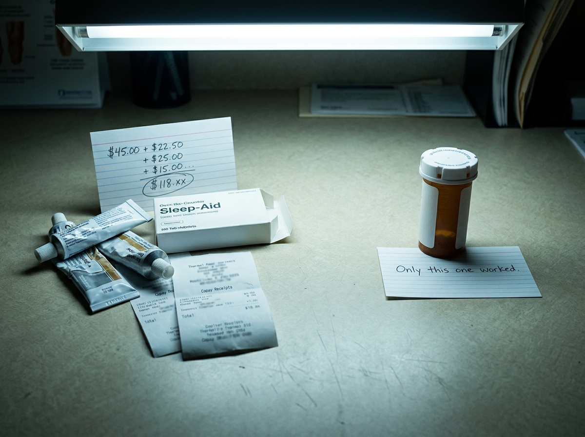 A clinic desk laid out as evidence: a cluster of failed-spend items versus one plain bottle