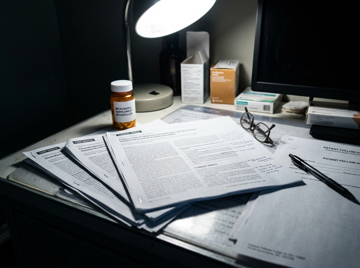 A plain supplement bottle on a clinic desk among underlined journal printouts