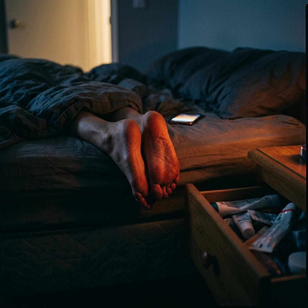 A woman's bare feet at the edge of an unmade bed at 2 a.m., beside an open drawer of half-used cream tubes