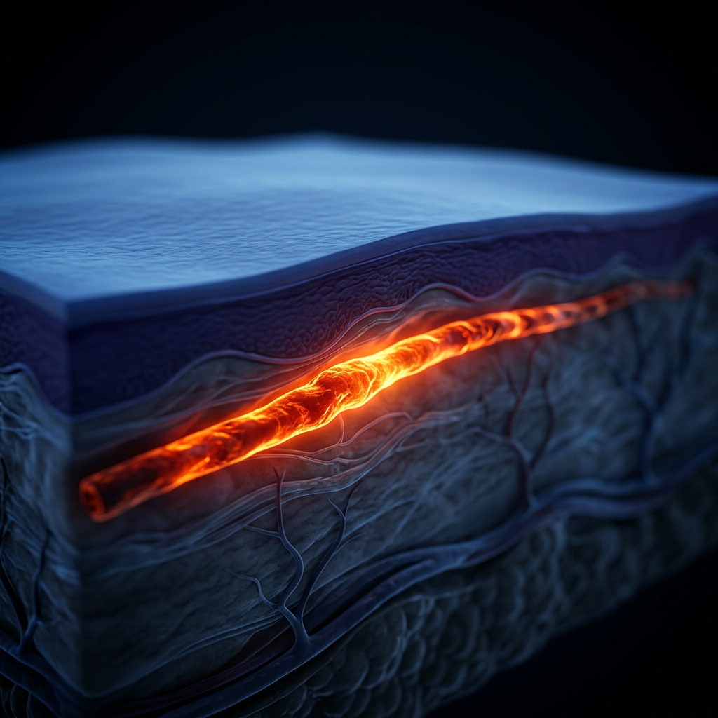 Cross-section of skin staying cool over a nerve glowing hot beneath it