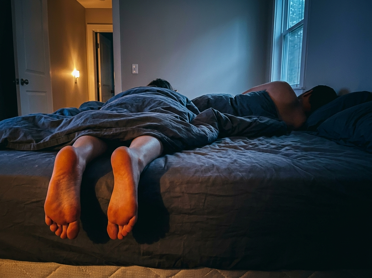 Bare feet pushed out from under a kicked-back sheet at the edge of a bed, a sleeping partner turned away across a gap of mattress