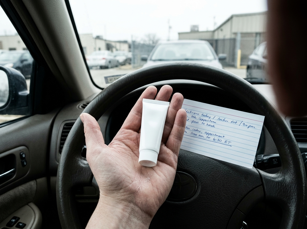 A small unbranded sample tube of cream resting in an open palm on a car steering wheel, with a handwritten index card beside it