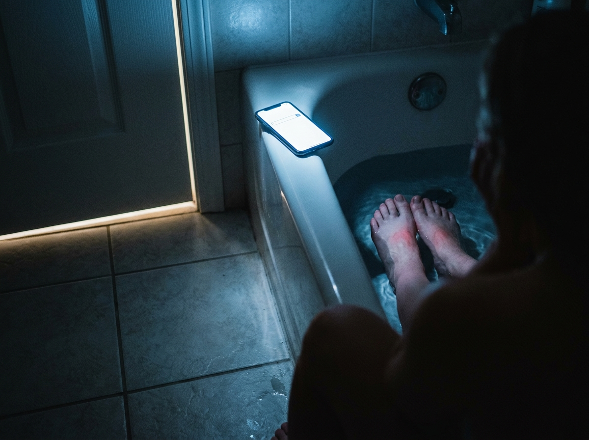 Bare feet in a few inches of cold water in a bathtub at night, a phone glowing on the tub edge