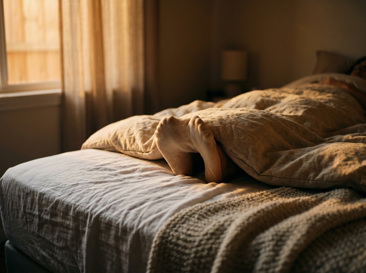 Feet under a duvet that has stayed pulled over them through the night, soft morning light across the bed