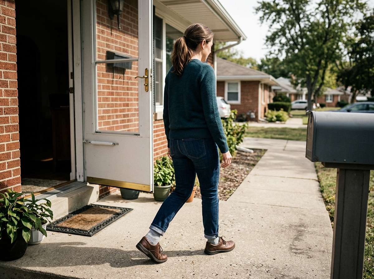 A woman in ordinary socks and shoes stepping out a front door toward a mailbox in morning daylight, seen from behind