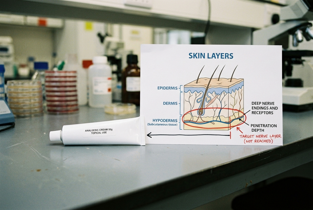 A plain analgesic cream tube on a lab bench beside a skin cross-section diagram with the deep nerve layer circled