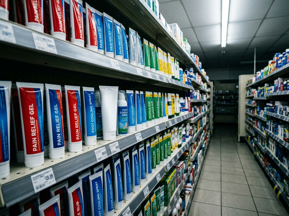 A pharmacy shelf of near-identical unbranded analgesic foot creams and cooling sprays under fluorescent light