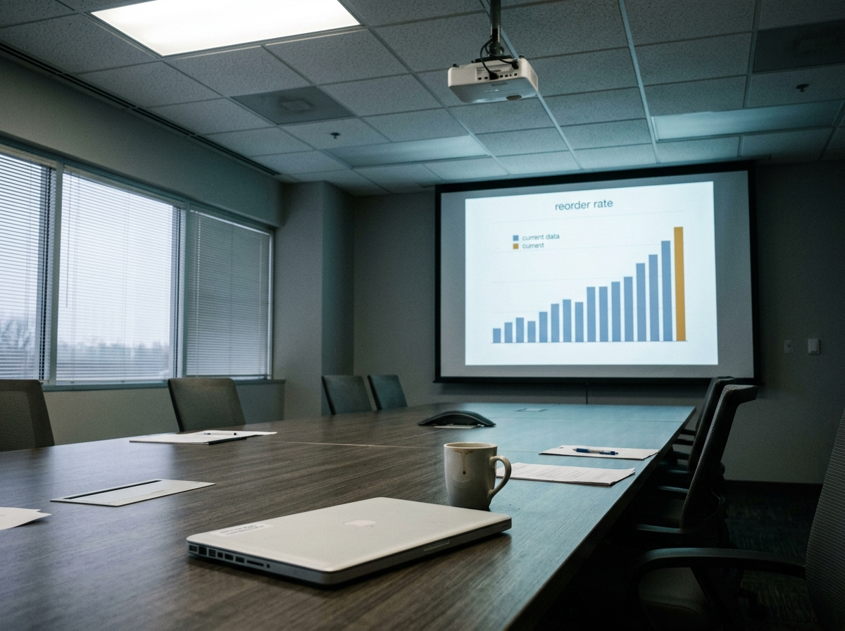 A projection screen in an empty conference room showing a rising bar chart labeled reorder rate, a cold coffee and closed laptop below
