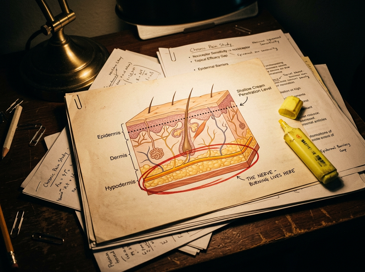 A printed skin cross-section among research papers on a desk, the deep nerve layer circled in red below a dotted line marking shallow cream penetration