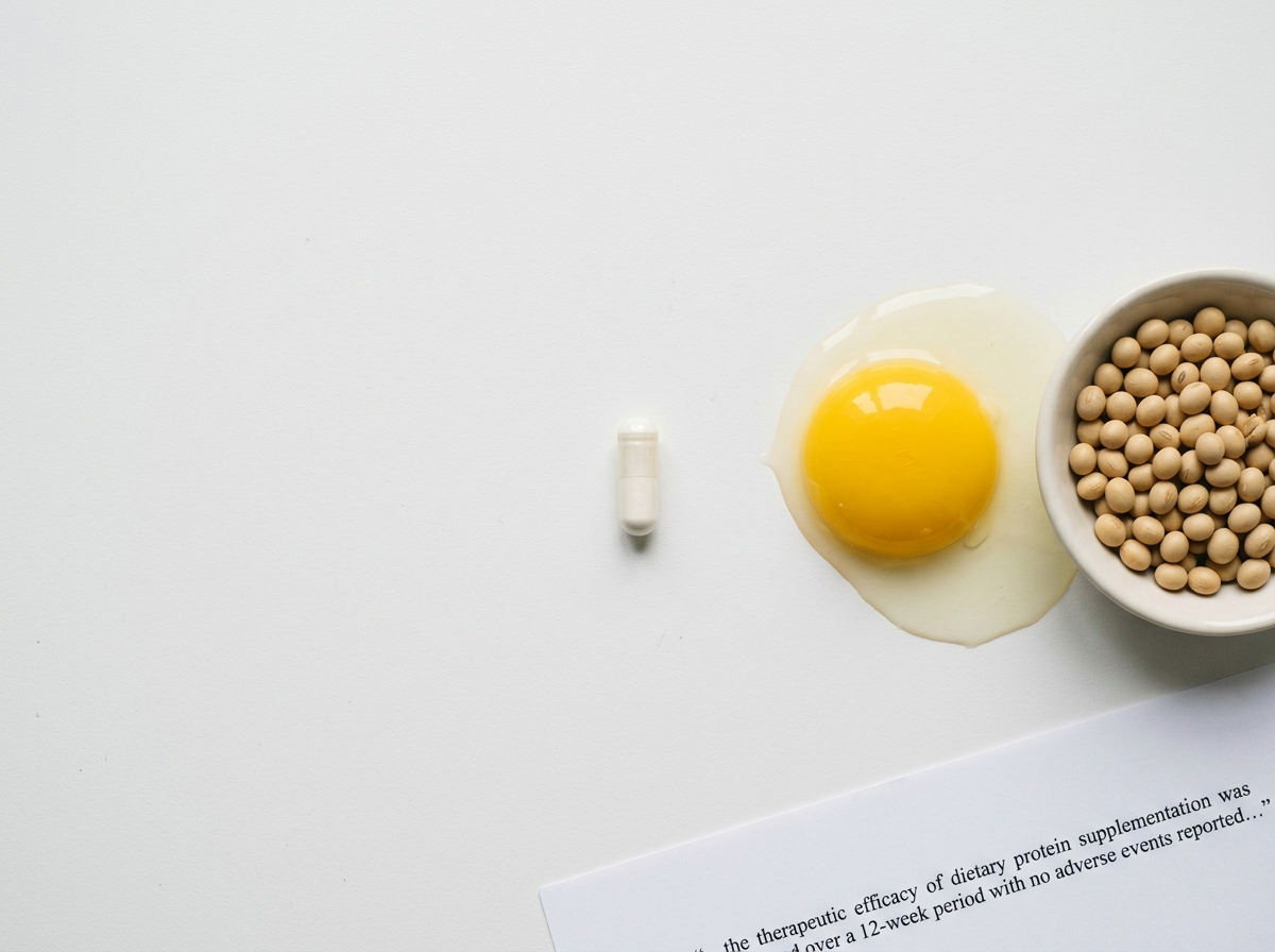 A single plain capsule on a white surface beside a cracked egg yolk and a dish of soybeans, with a line of a research abstract at the edge
