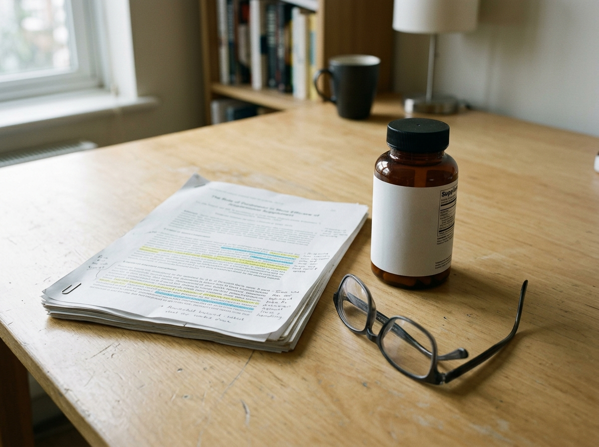 An unbranded supplement bottle on a desk beside a stack of highlighted research papers and reading glasses