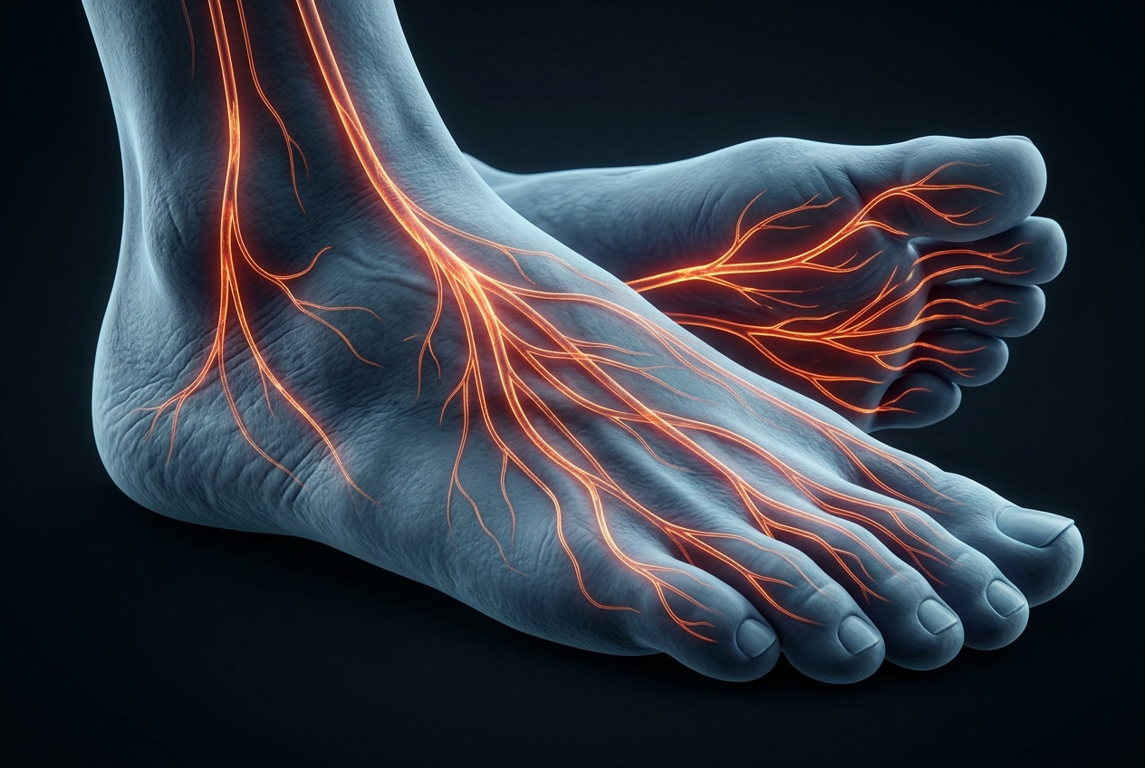 Clinical close-up of a bare foot on exam paper, the deep nerve fiber beneath the calm skin subtly highlighted