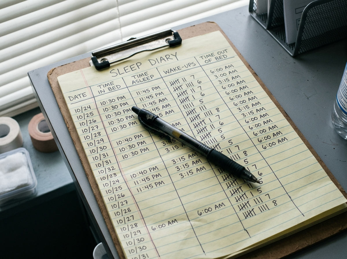 A handwritten patient sleep diary on a clipboard, tally marks for nightly wake-ups repeating down the page