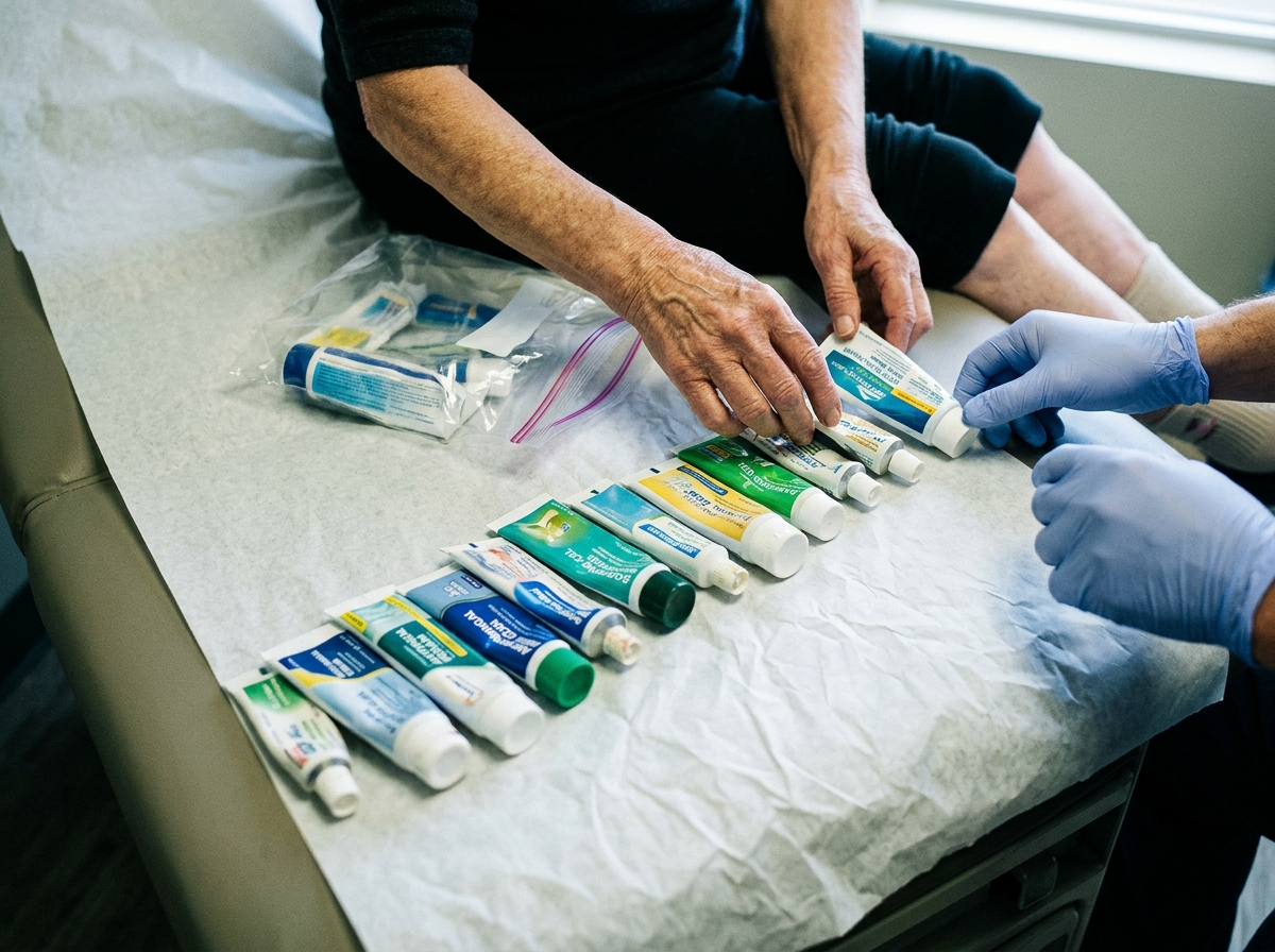 A pair of older hands emptying half-used cream and gel tubes from a bag onto white exam-table paper, laid in a row