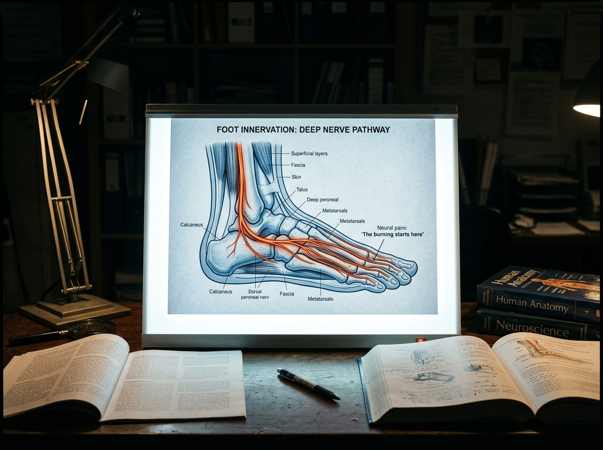A nerve-pathway diagram of a foot on a clinical light box among research papers, the deep nerve highlighted below the skin layer