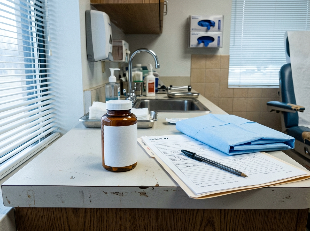 A plain supplement bottle on a podiatry exam-room counter beside a folded sheet of patient notes