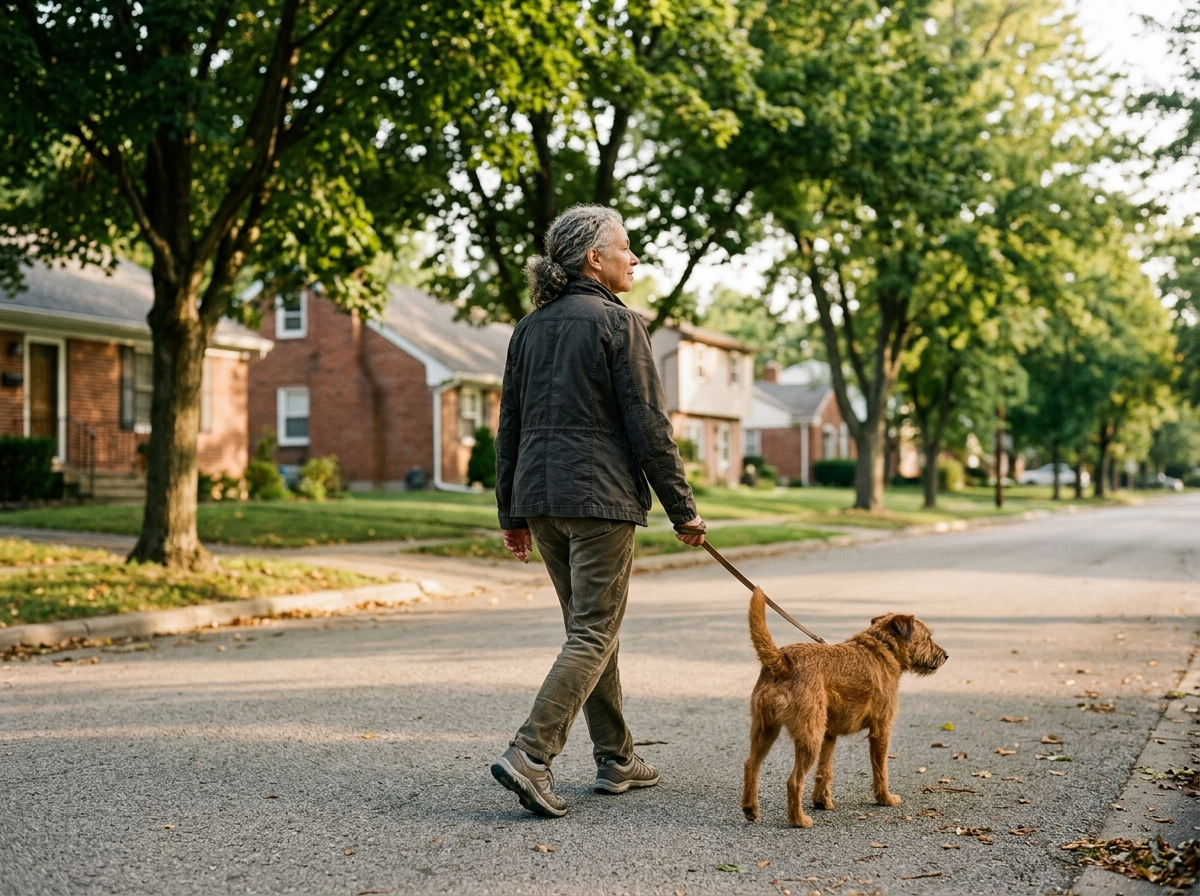 An older woman walking a dog on a tree-lined morning street, seen from behind, an unremarkable everyday loop