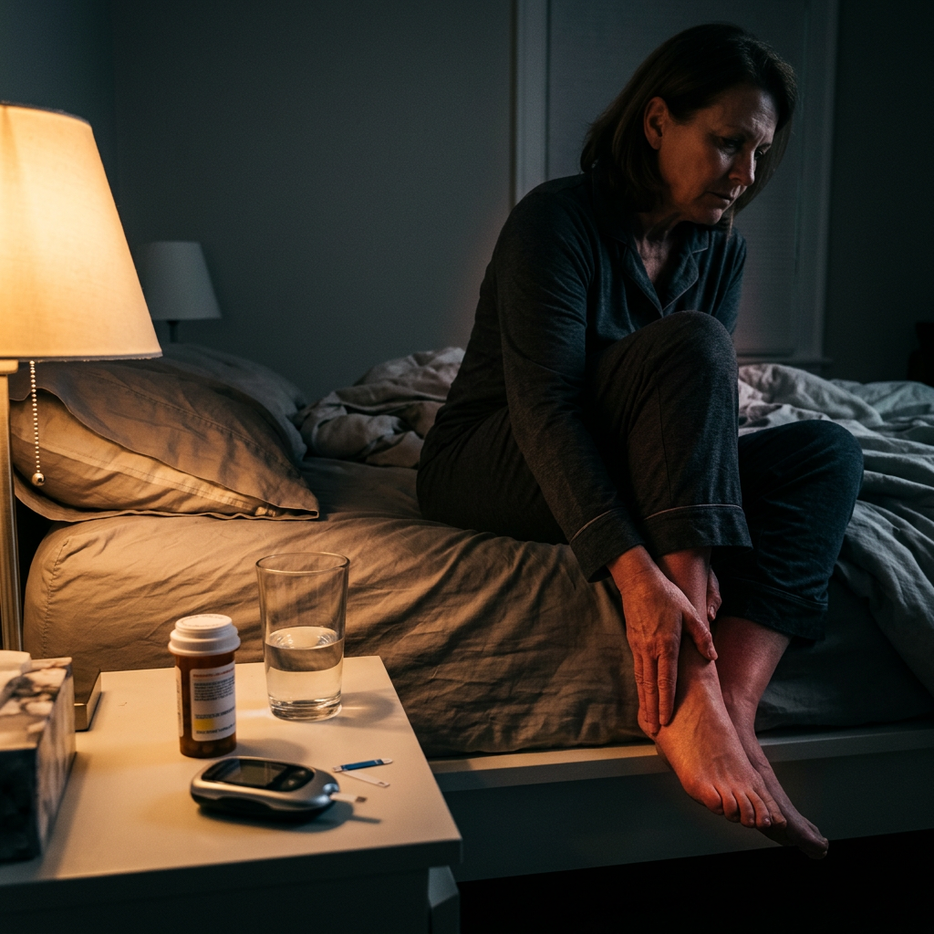 A woman sitting on the edge of her bed at 2am, one hand pressed to a burning foot