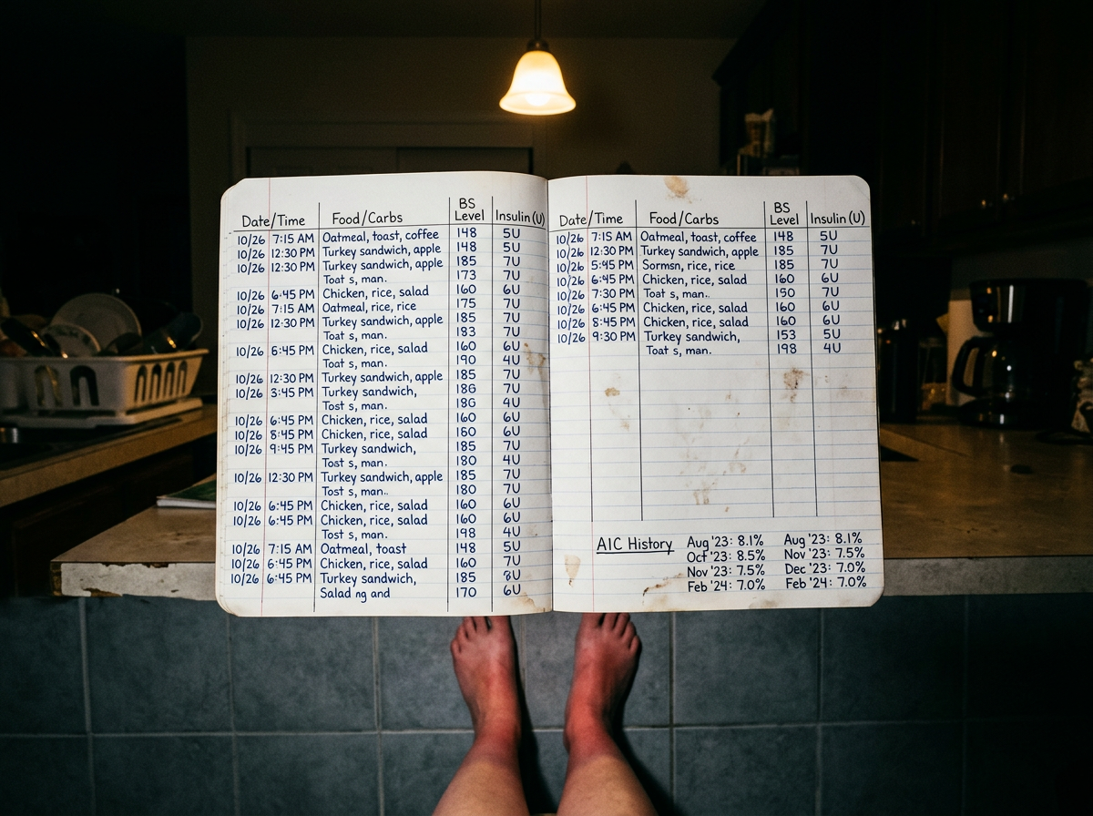 A handwritten blood-sugar log on a kitchen counter above bare feet flushed red on cool tile at night