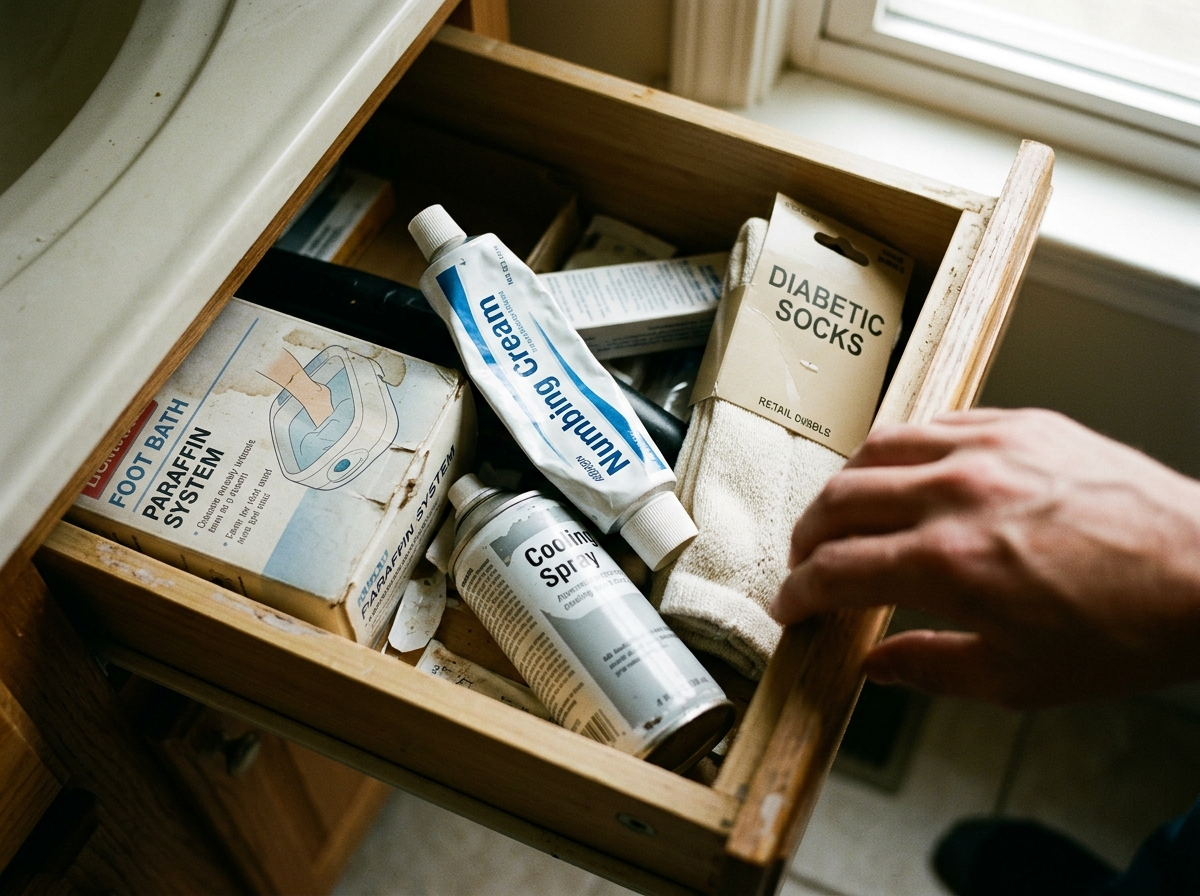 An open bathroom drawer crowded with a half-used numbing cream tube, cooling spray, unworn diabetic socks with tags, and a foot-bath box