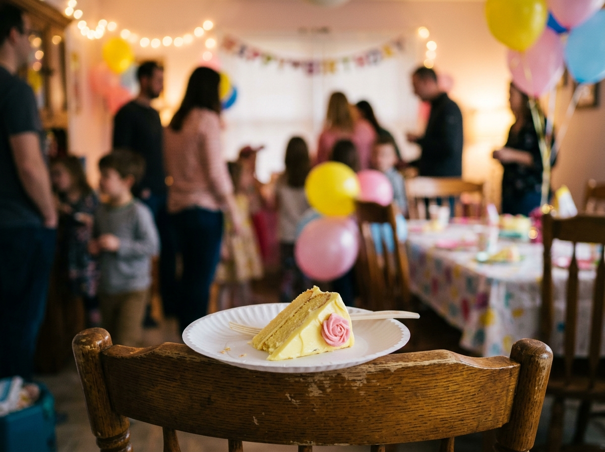 A barely-touched slice of yellow birthday cake on a paper plate balanced on a hard chair arm, a blurred family party behind