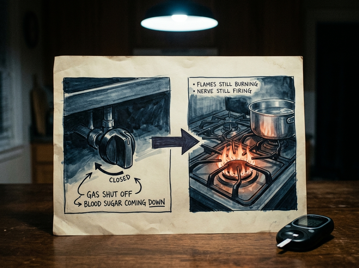 A two-panel teaching diagram, a gas valve shutting on the left, flames still burning in the room on the right