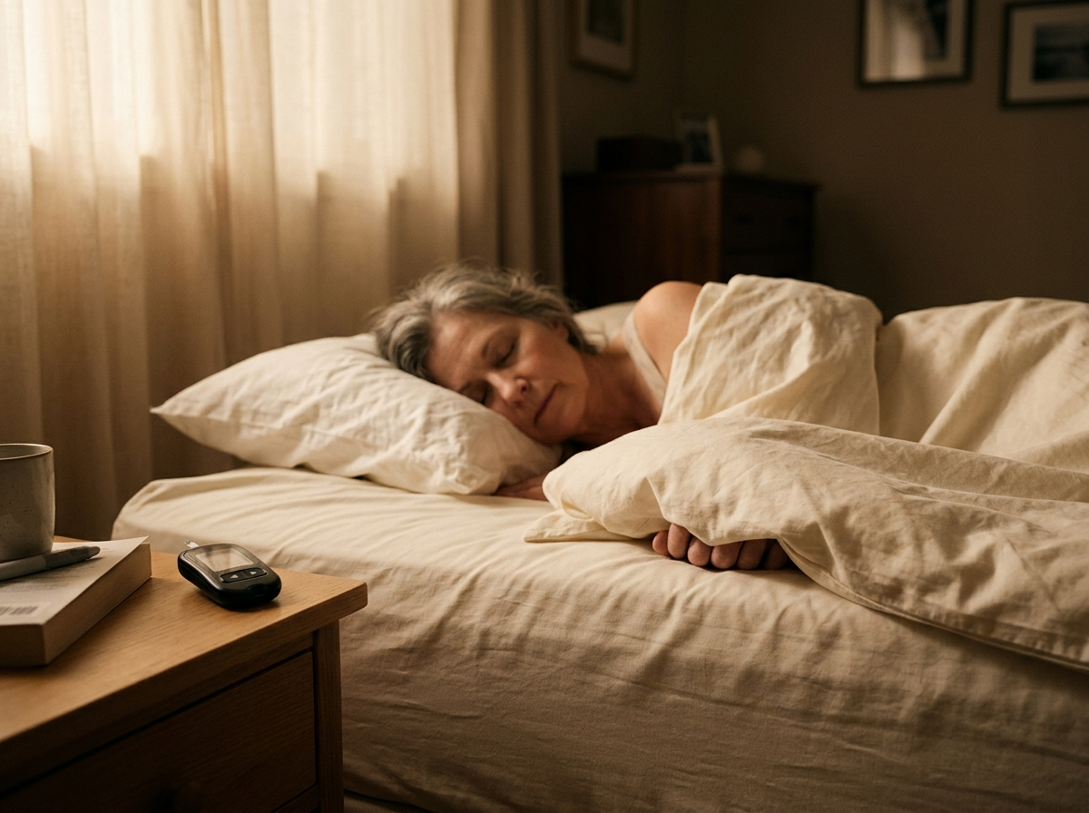 A woman asleep at dawn with both feet tucked under the covers, an unused glucose meter on the nightstand
