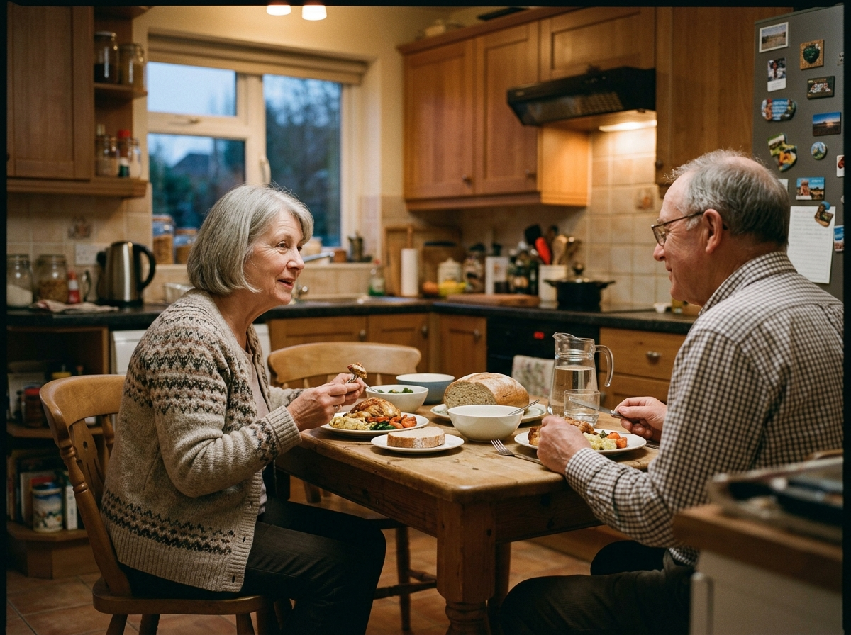 An older couple eating an ordinary weeknight dinner at a small kitchen table, both at ease