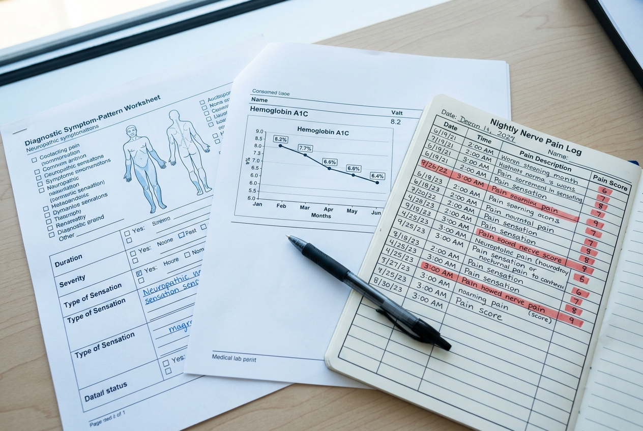 A flat-lay of a symptom-pattern worksheet, a printed A1C report trending down, and a nightly nerve-pain log