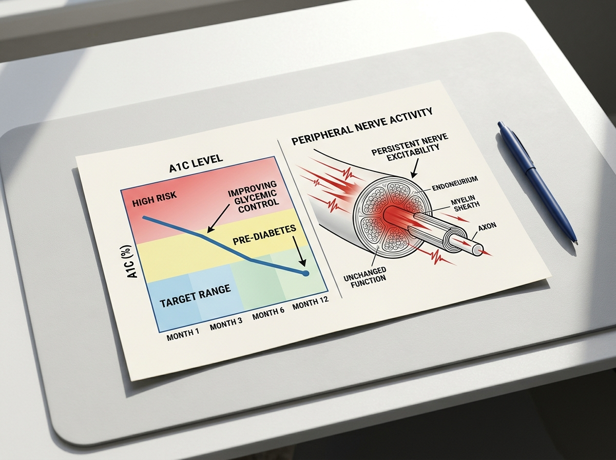 A two-panel diagram, a downward A1C trend line on the left, a peripheral nerve still firing in red on the right