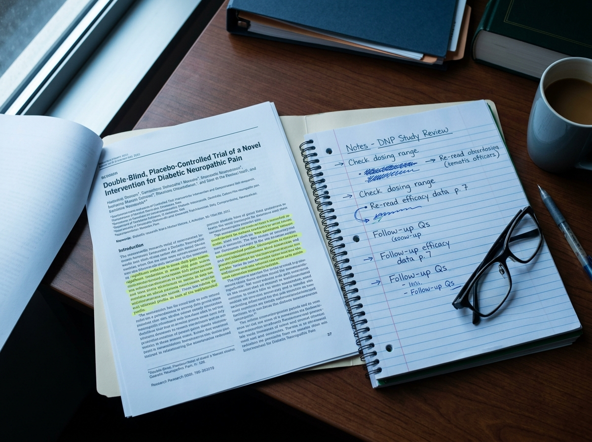 A printed clinical trial paper with lines highlighted by hand, beside a reviewer's notepad and reading glasses