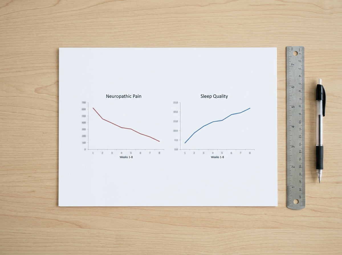 Two plotted line charts on one sheet, neuropathic pain trending down and sleep quality trending up across eight weeks