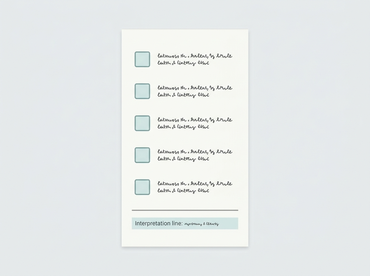 A neutral clinical self-check card with five unticked checkbox rows and an interpretation line beneath