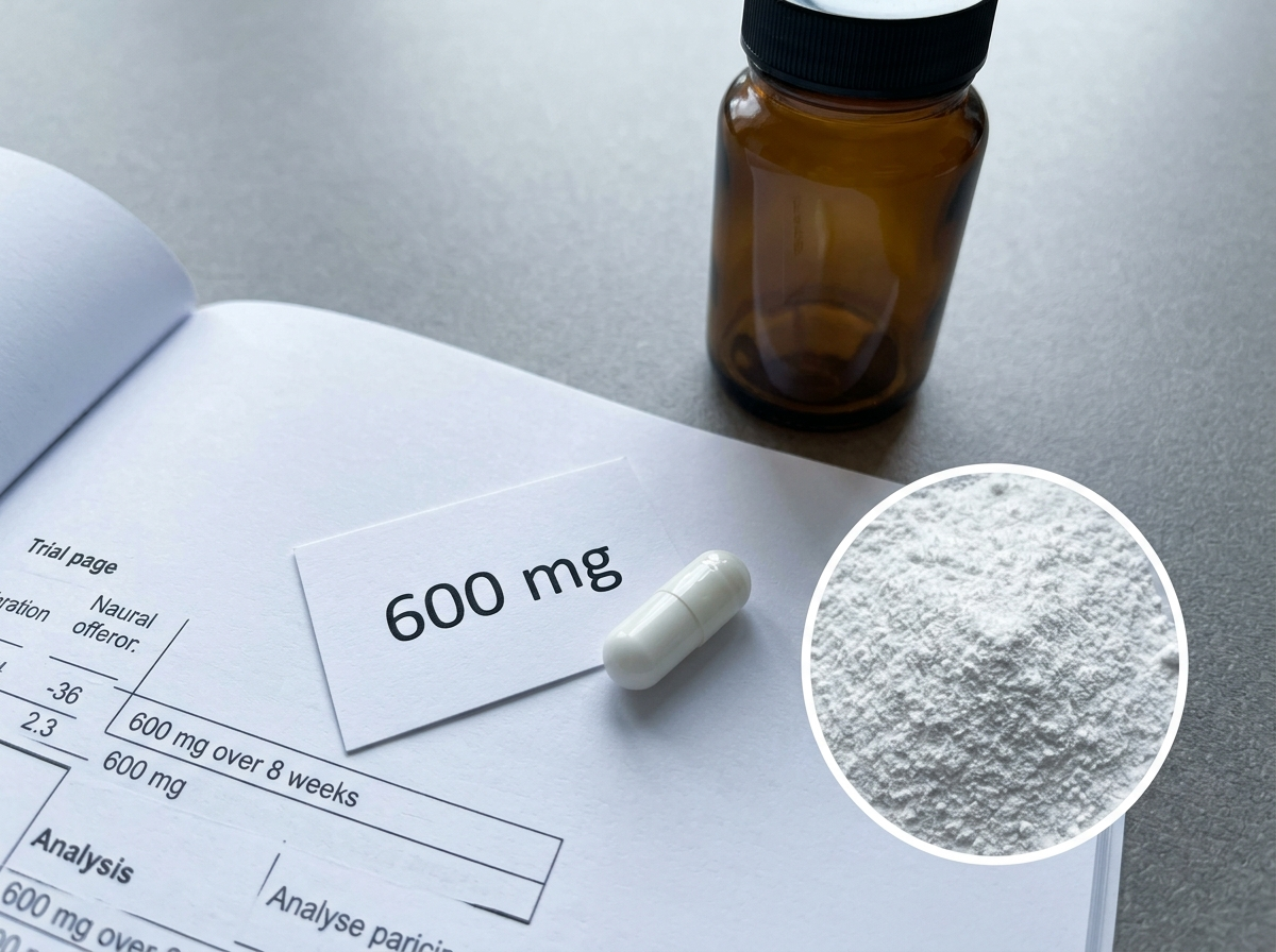 A single capsule beside a 600 mg card and a magnified inset of micronized powder, resting on a printed trial page