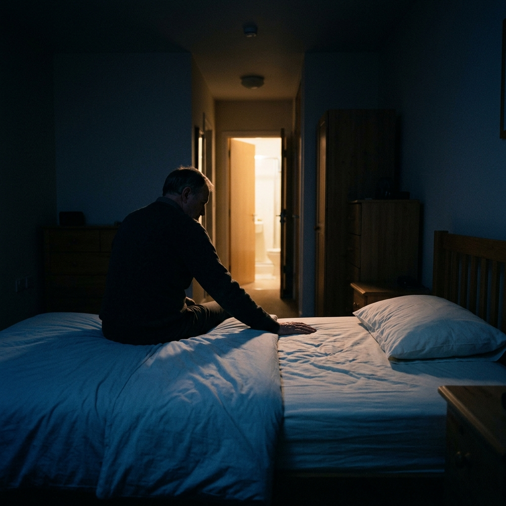 A man seen from behind at 2am, one hand resting on the cold empty side of the bed