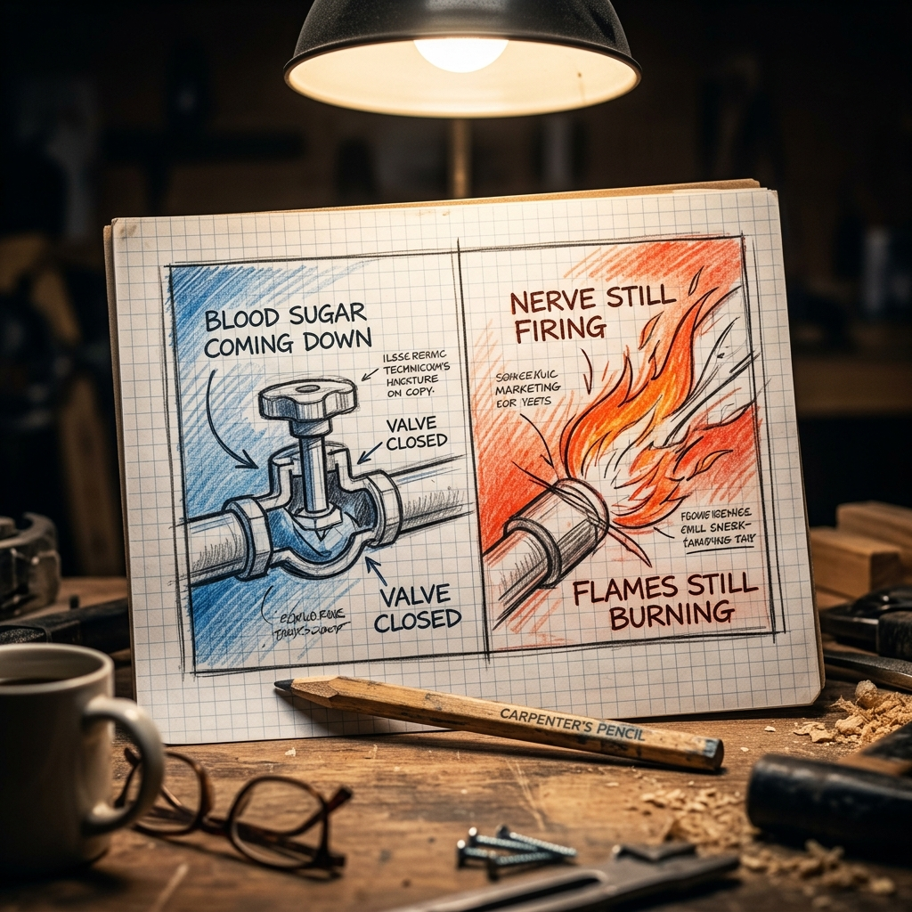 A hand-drawn graph-paper diagram, a gas valve shut on the left, flames still burning on the right