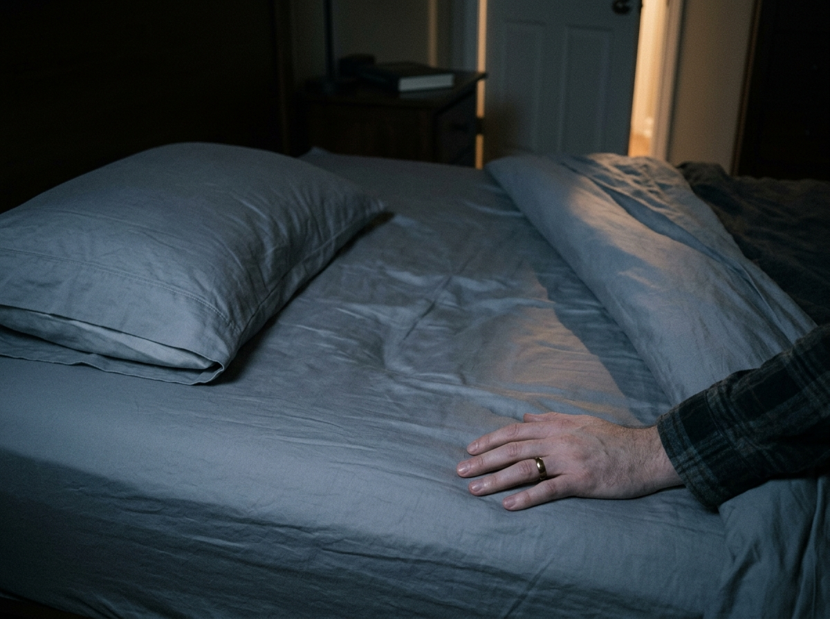 The empty, undisturbed cold side of a bed at night, a man's hand resting on the smooth sheet