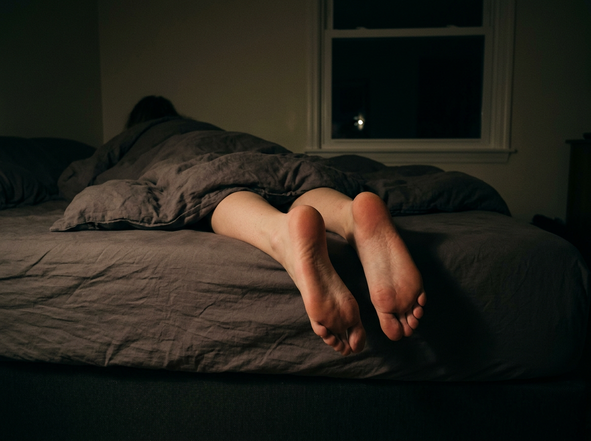A woman's bare feet hung off the end of a mattress at night, deliberately out from under the covers