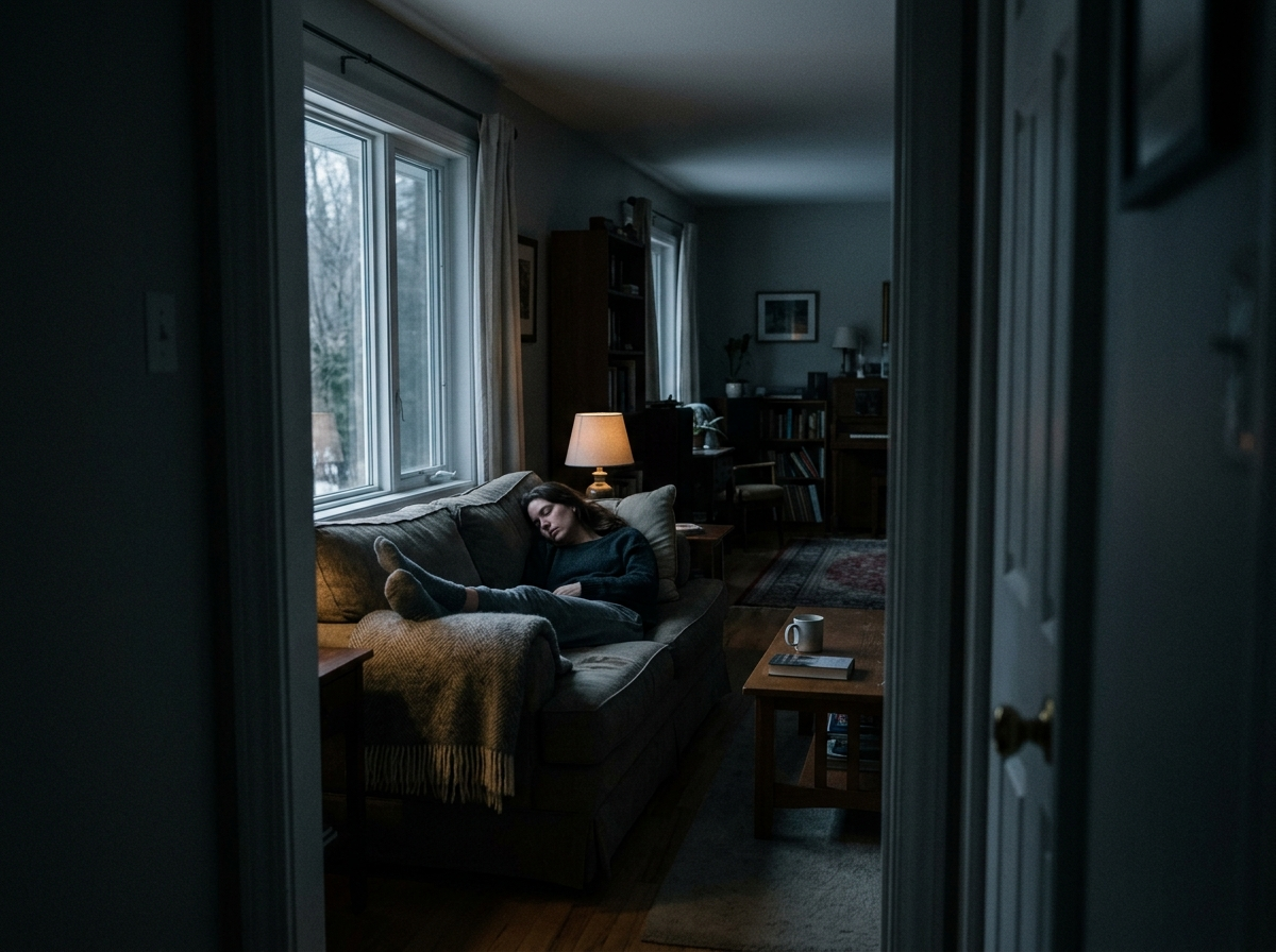 A woman asleep sitting up on a living-room couch at pre-dawn, feet propped under a throw blanket, seen from a doorway