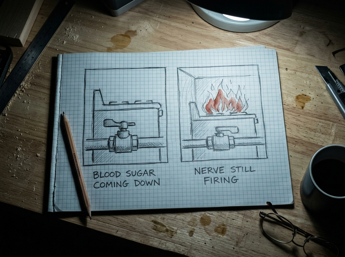 A hand-drawn graph-paper diagram, a closed gas valve on the left, flames still burning in the room on the right